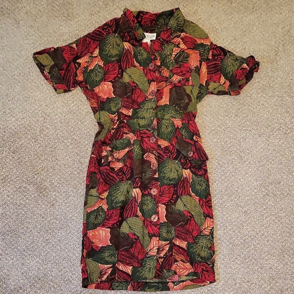 R.J. Stevens by Carol Escritor Leaf Print Rayon Shirt Dress Collared Size 16